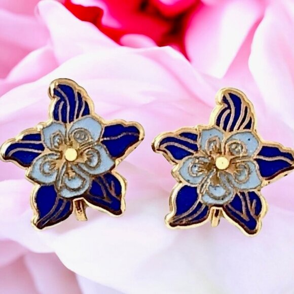 MMA Metropolitan Museum Art Blue Enamel Flower Clip-on Earrings Goldplate - Picture 11 of 11
